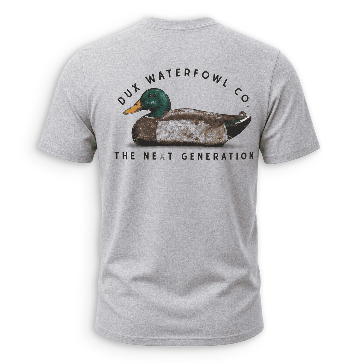 A light gray heather crewneck t-shirt shown from the back, featuring a graphic of a mallard duck with the text 'DUX WATERFOWL CO.' and 'THE NEXT GENERATION'.