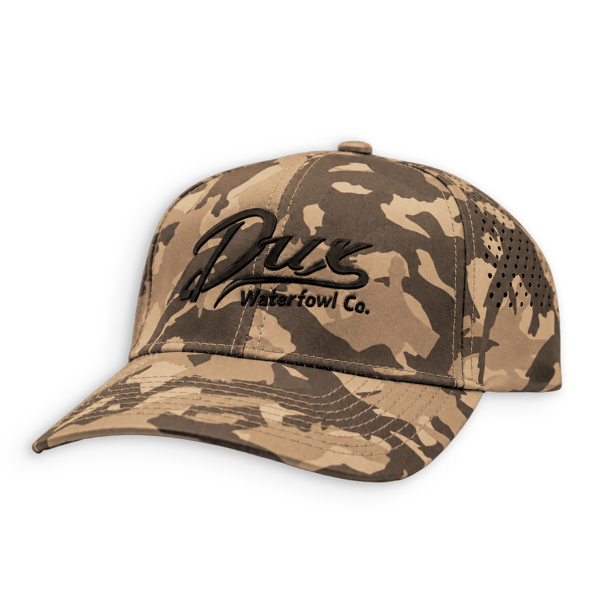 A camouflage baseball cap with a curved brim, featuring a black embroidered logo that reads 'Duck Waterfowl Co.' on the front panel, set against a plain white background.
